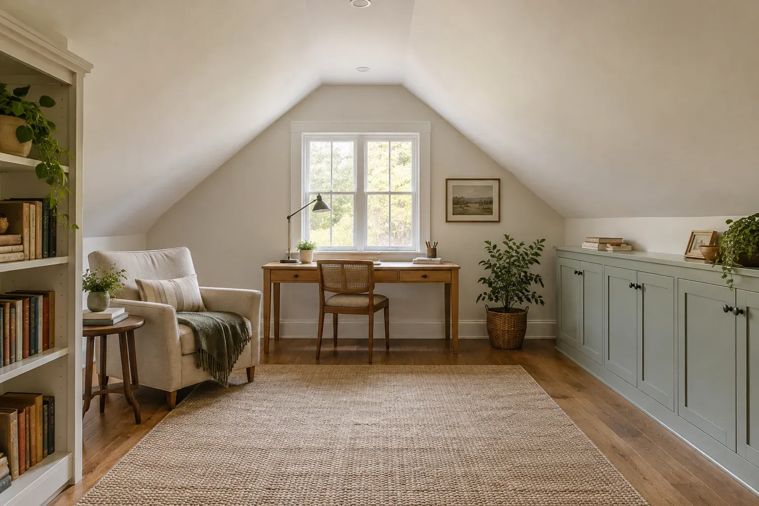 Illustrative attic office with a desk in the taller center area and low storage beneath the roof slope.