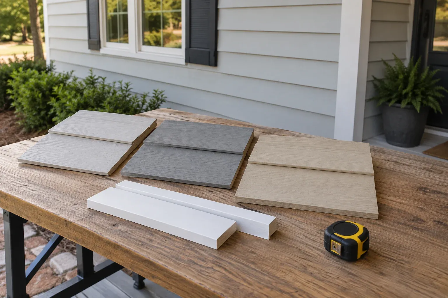 Siding and trim samples on a worktable beside an existing painted exterior wall.