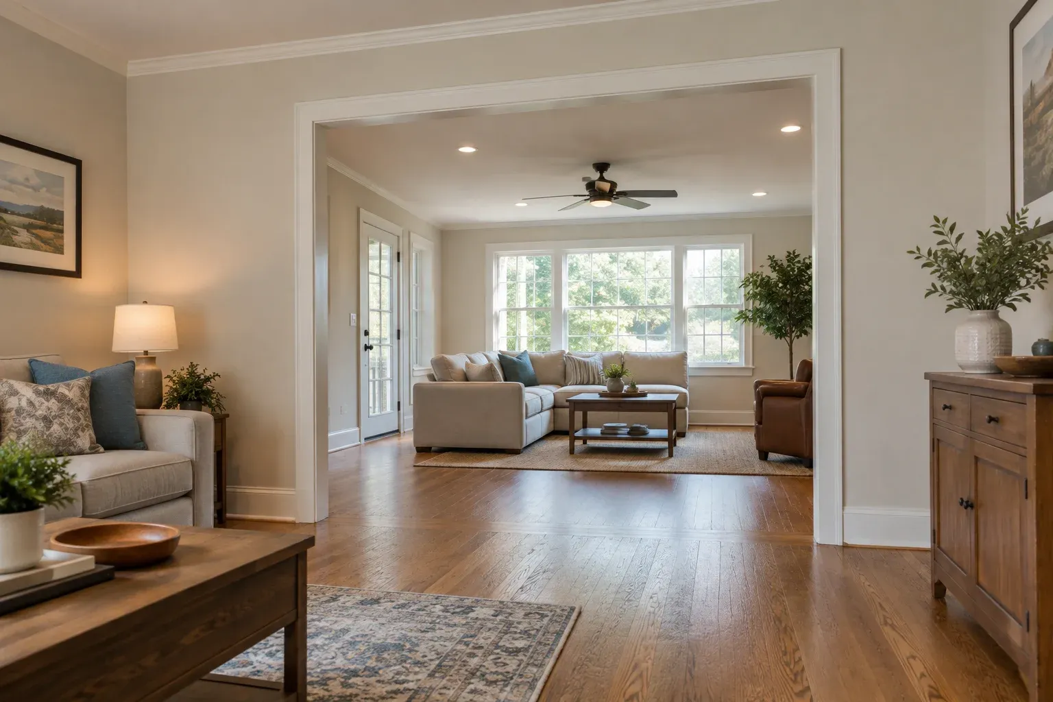 Living room connected to an additional family room through a broad opening with a clear walking route.