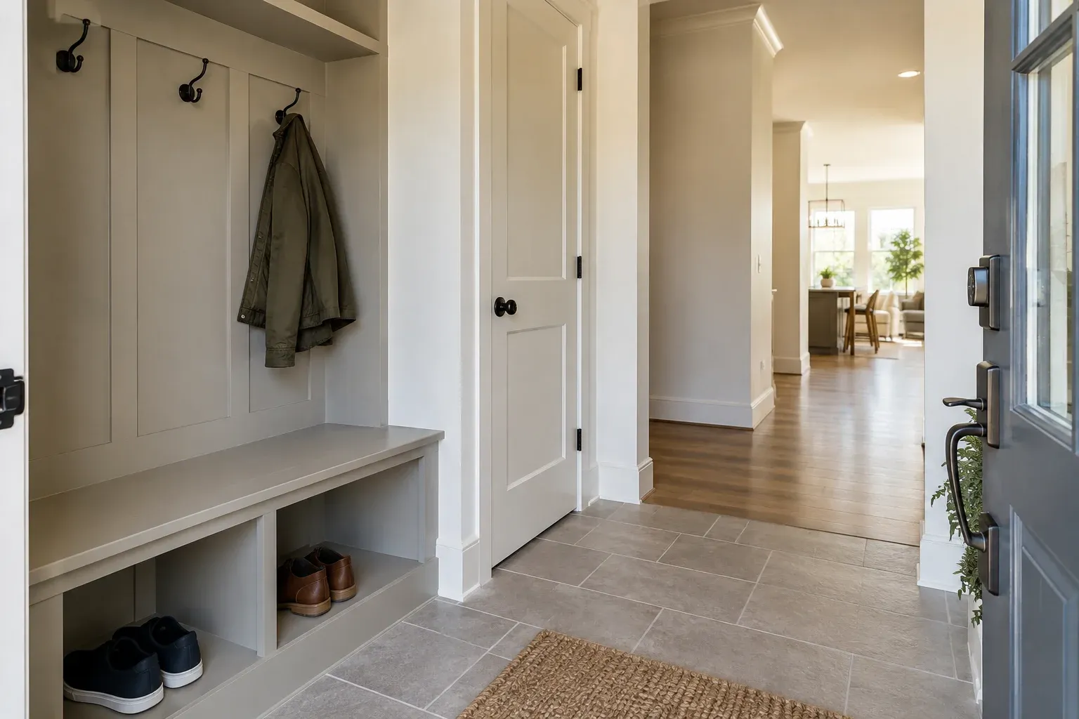Illustrative entryway with a built-in bench, shoe cubbies, wall hooks and an adjacent closet.