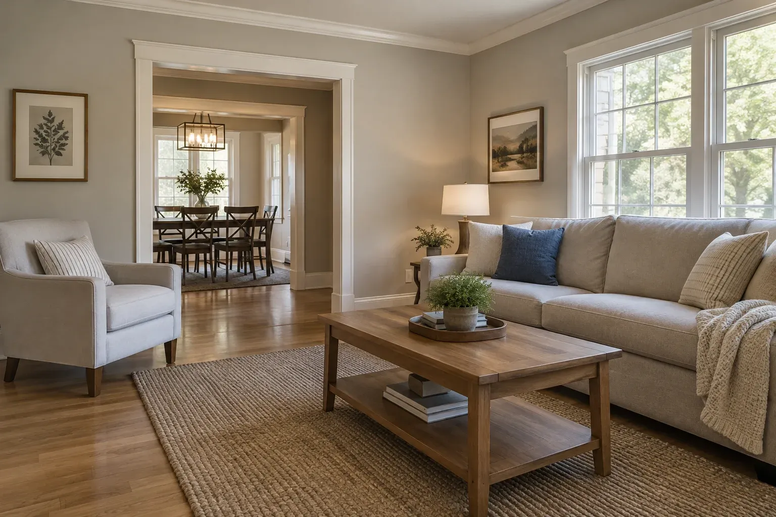 A furnished sitting room with a clear walking route through the doorway to an adjoining room.