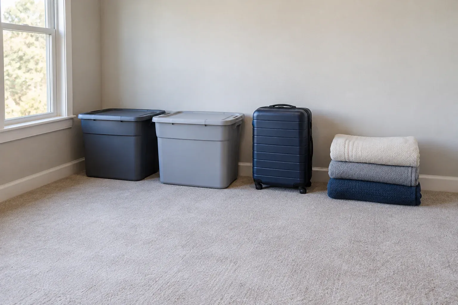 Illustrative spare room with two storage bins, a closed suitcase and folded blankets arranged along a wall for a storage inventory.