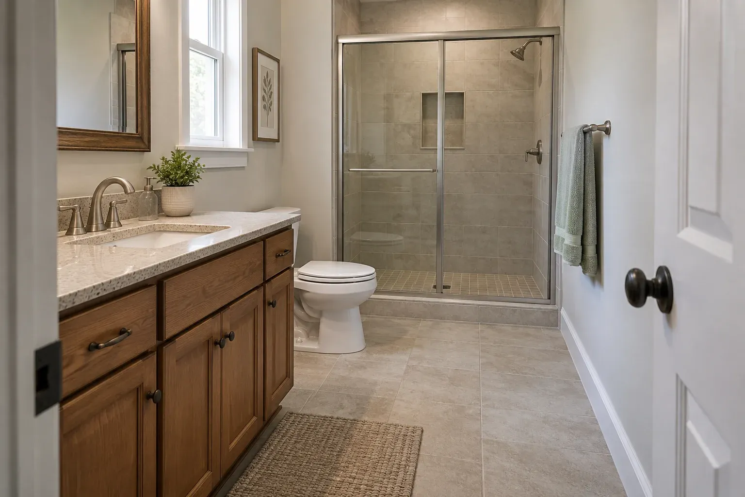 Illustrative residential bathroom showing the relationship between the doorway, vanity, toilet and shower.