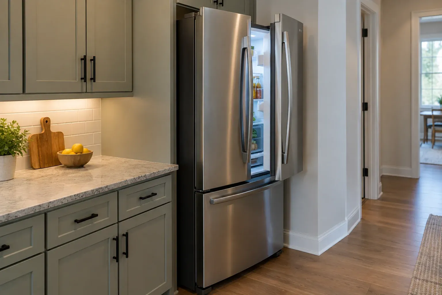 Illustrative refrigerator enclosure with one door partly open and space beside the adjacent wall.