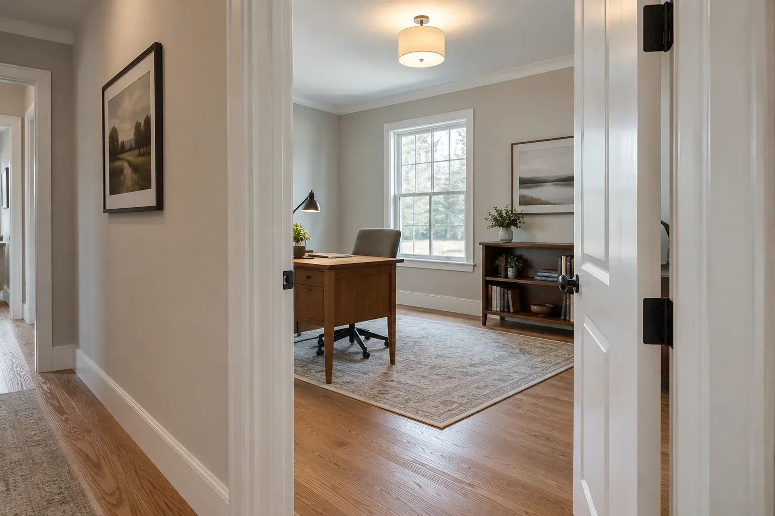 Home office with an open hinged door and furniture positioned clear of the entrance.