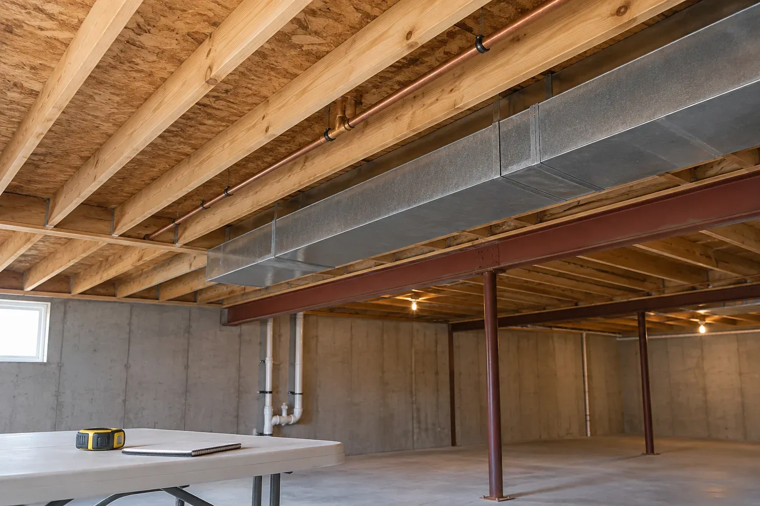 Exposed basement joists, water piping and ductwork before planning the finished ceiling.