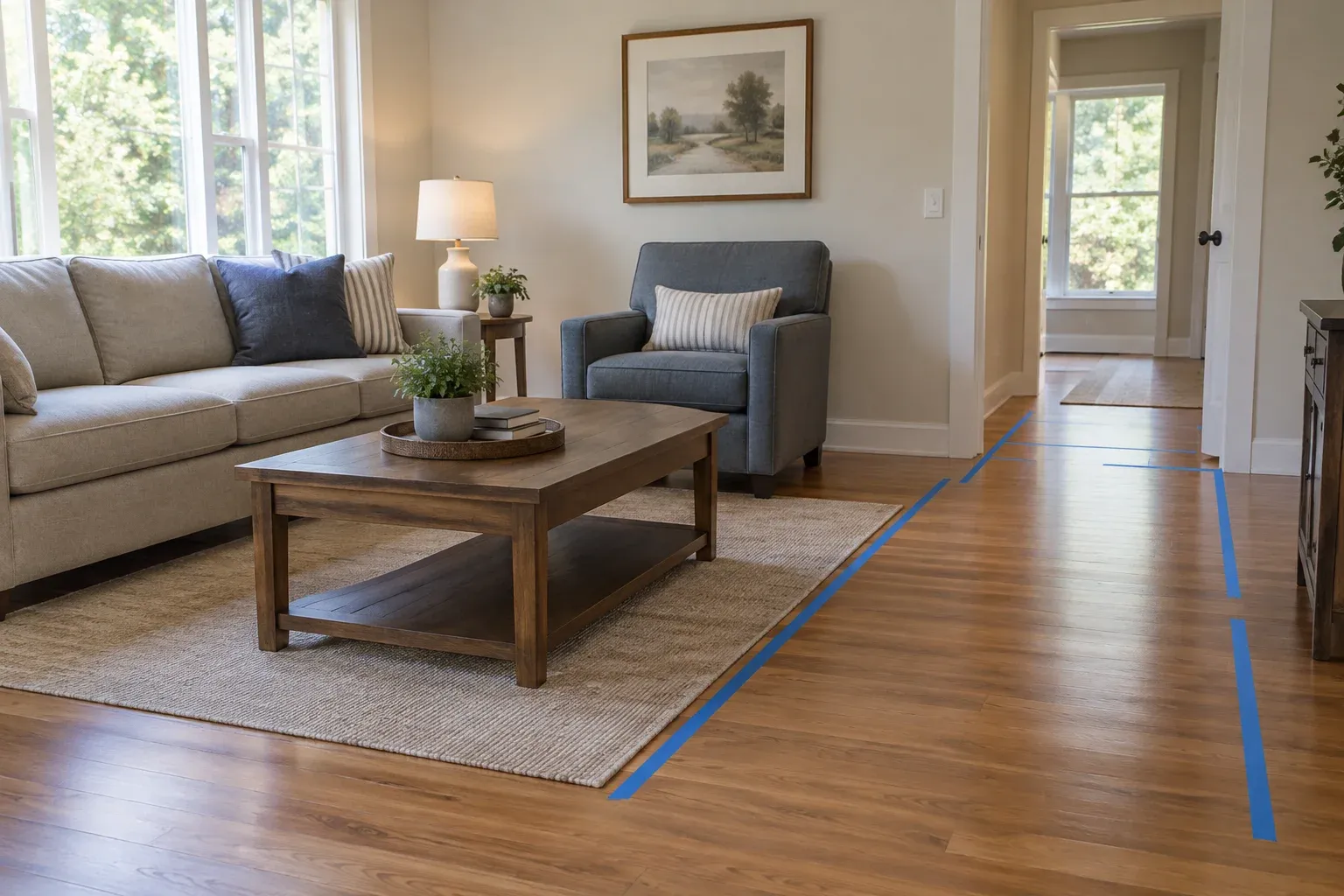 Painter’s tape outlines a proposed walking route beside living room furniture.